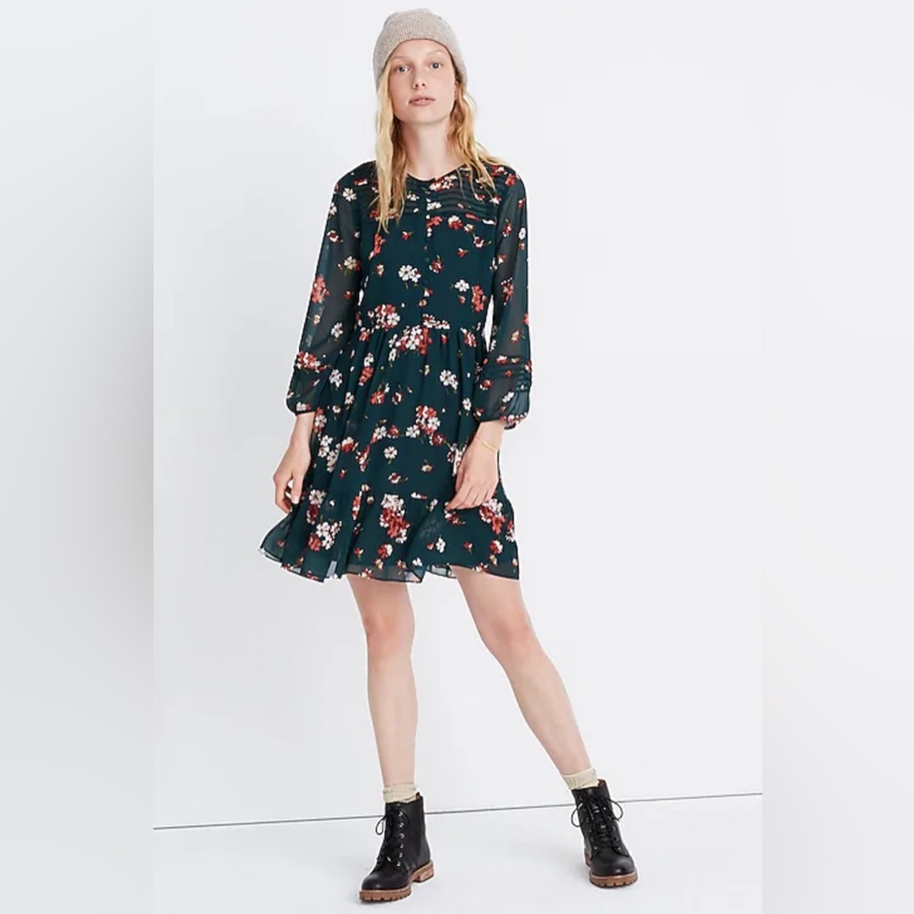 Madewell sheer sleeve pintuck ruffle dress in spruce blooms